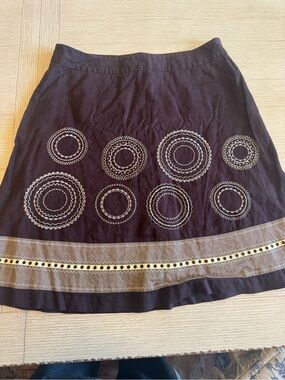 Talbots Brown A-Line Skirt with Cream Circle Embroidery and Tan Hem Band
